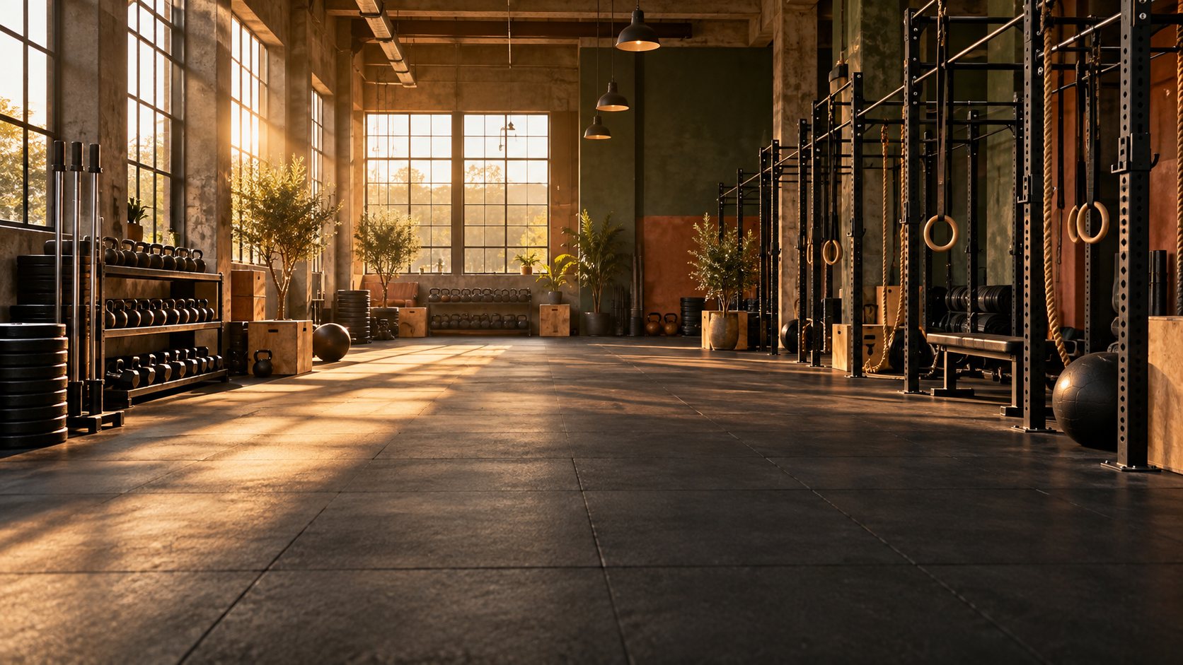 Campanha ilustrativa: academia de treino funcional com pesos, argolas e equipamentos de crossfit
